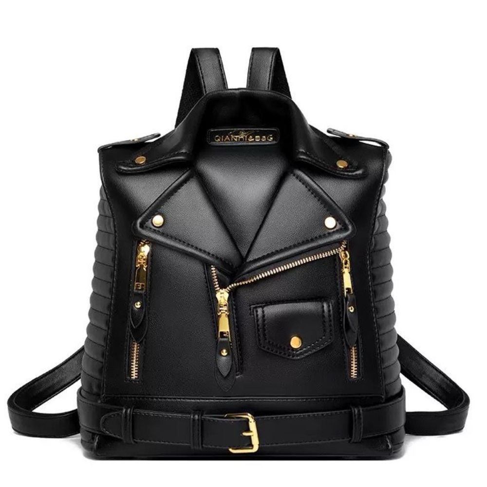 Elegant Black Leather Backpack with Gold Accents
